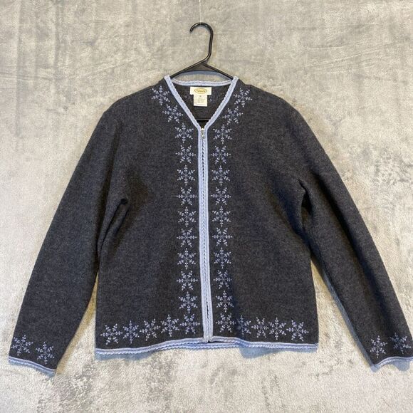 TALBOTS Women 100% Wool Full Zip Cardigan Size M Snowflake Charcoal Gray‎ - Picture 1 of 13
